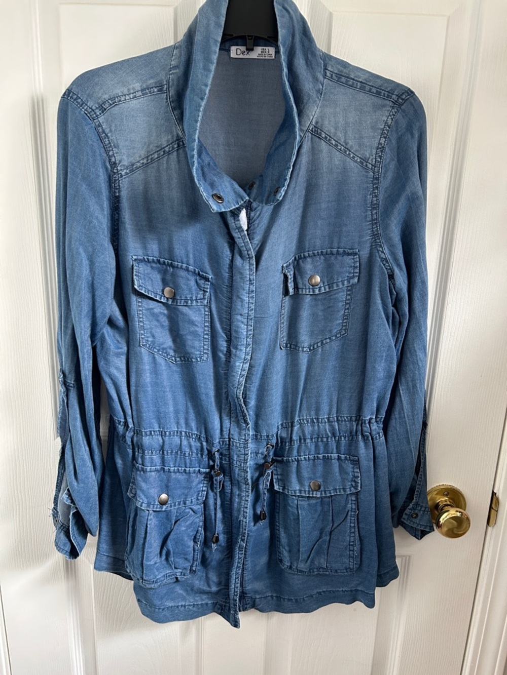 Dex Denim-Style Drawstring Waist Jacket in Light Blue
